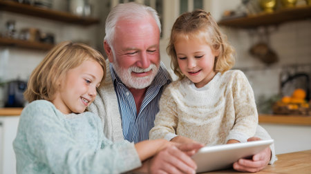 Grandfather and grandchildren using digital tablet in kitchen at home. Focus on grandfather.ai generatedの素材