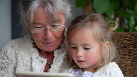 Grandmother and granddaughter using a tablet computer at home. Focus on the girl.ai generatedの素材