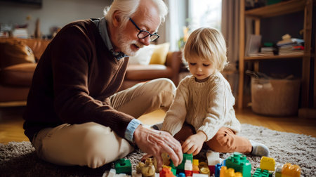 Grandfather and grandson playing with building blocks in the living room at home.ai generatedの素材