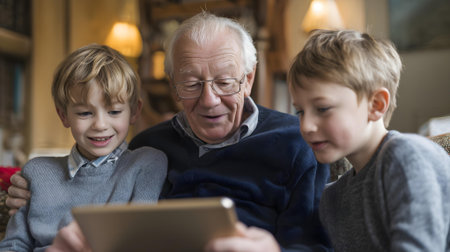 Grandfather and grandchildren using digital tablet at home. Elderly people using technology.ai generatedの素材