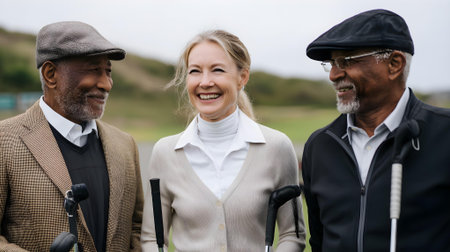 Front view of multi-generation Caucasian family playing golf together on golf course.ai generatedの素材