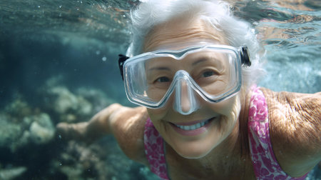 Portrait of smiling senior woman swimming underwater in the sea, looking at camera.ai generatedの素材
