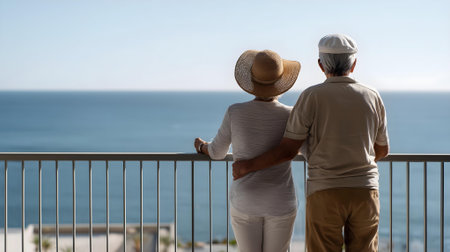 Rear view of a senior couple looking at the sea from the balcony.ai generatedの素材