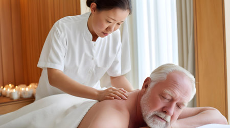 Senior man receiving back massage in spa salon. Man lying on massage table.ai generatedの素材
