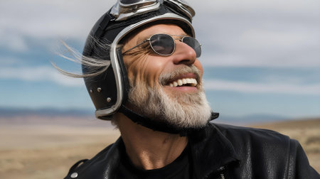 Portrait of a happy motorcyclist in leather jacket and helmet.ai generatedの素材
