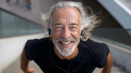 Portrait of happy senior man running and listening to music with earphones.ai generatedの素材