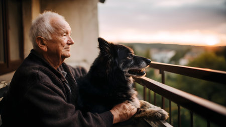 Elderly man with his dog on the balcony at sunset.ai generatedの素材