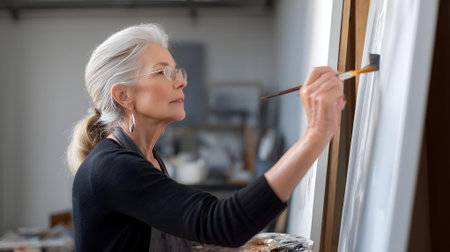 Portrait of a mature female artist painting on canvas in art studio.ai generatedの素材