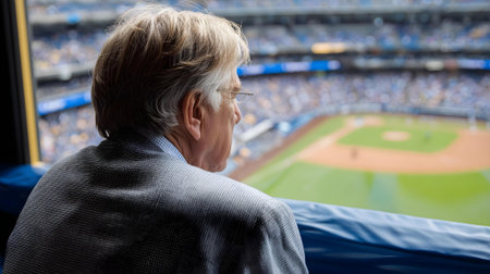 Senior man watching a baseball game on a grandstand in a stadium.ai generatedの素材