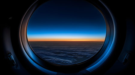 View from the porthole of an airplane during flight at sunset.ai generatedの素材