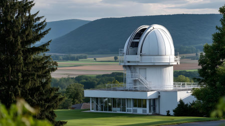 Observatory on the hill with mountains in the background, .ai generatedの素材