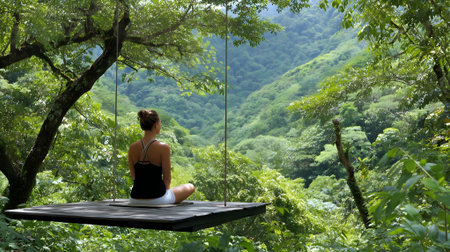 Young woman practicing yoga on a swing in a tropical rainforest.ai generatedの素材
