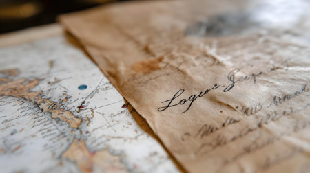 Old map of the world on a wooden table, close-up.ai generatedの素材