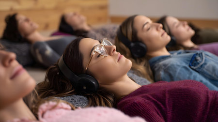 Group of young women listening to music on headphones lying on the sofa at home.ai generatedの素材