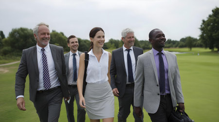 Group Of Business People Walking On Golf Course, Group Of Businesspeople Standing Together.ai generatedの素材