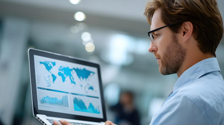 Side view of young businessman in eyeglasses using laptop in office.ai generatedの素材