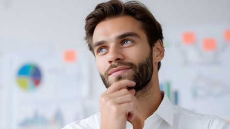 Portrait of pensive young businessman standing in office and looking away.ai generatedの素材