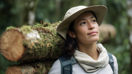 Portrait of a beautiful woman with hat and backpack standing in the forest.ai generatedの素材