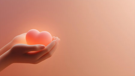 Female hand holding a red heart on orange background with copy space.ai generatedの素材