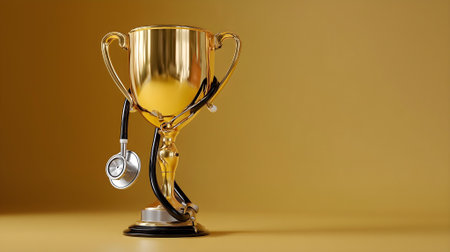 Golden trophy cup with stethoscope on yellow background with copy space.ai generatedの素材
