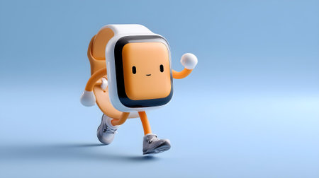 Cartoon character running with smart watch on blue background. 3d illustration.ai generatedの素材