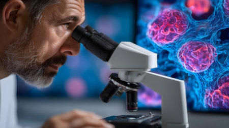Scientist looking through microscope in laboratory. Medical research and development concept.ai generatedの素材