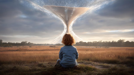 Woman sitting in the middle of a field and looking at a big tornado.ai generated.ai generatedの素材