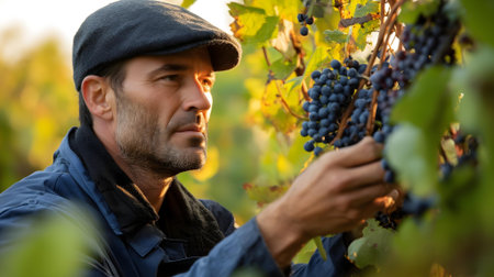 Close-up of a winegrower harvesting grapes in the vineyard.ai generatedの素材
