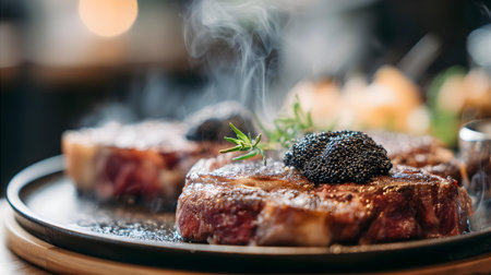 Grilled T-bone steak with black caviar on a plate.ai generatedの素材