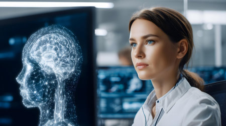 Portrait of young female doctor in white coat looking at brain hologram.ai generatedの素材