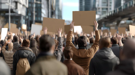 Group of people with placards in the middle of a city street.ai generatedの素材