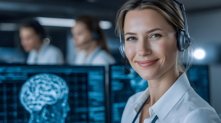 Portrait of smiling female doctor in headset looking at camera with colleagues in background.ai generatedの素材