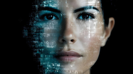 Futuristic woman face with binary code. 3d illustration.ai generatedの素材