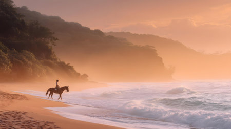 woman riding a horse on the beach in the morning, sunset time.ai generatedの素材