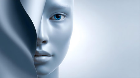 3d rendering of a female robot head with a blue eye.ai generatedの素材