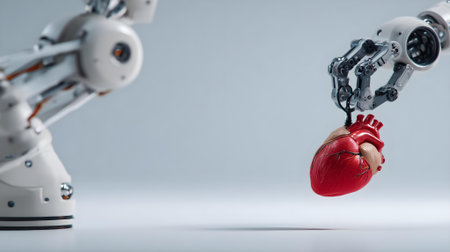 Robot and human hand with a red heart. 3d rendering.ai generatedの素材