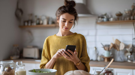 Smiling young woman using mobile phone while cooking in kitchen at home.ai generatedの素材