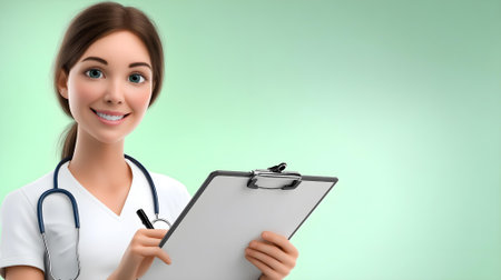 Young female doctor with stethoscope and clipboard, on color background.ai generatedの素材