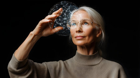 technology, internet and people concept - close up of senior woman with virtual projection of brain over black background.ai generatedの素材