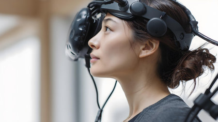 Portrait of a beautiful asian woman listening to music with headphone.ai generatedの素材