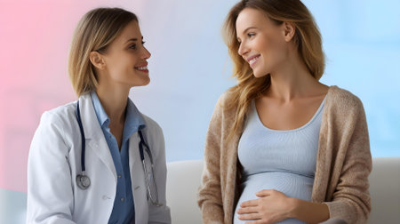 Doctor and pregnant woman discussing something while sitting at the table. Medicine and health care concept.ai generatedの素材