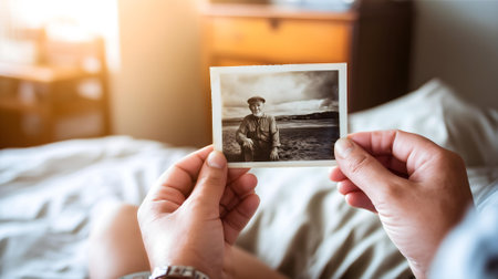 Man holding old photo on the bed at home. Selective focus.ai generatedの素材
