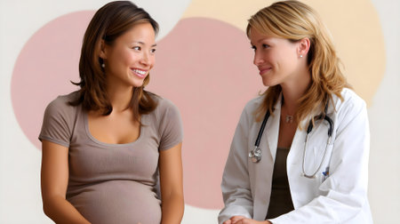 Pregnant woman with doctor at hospital or medical clinic. Doctor examine pregnant belly for baby and mother healthcare check up. ai generatedの素材