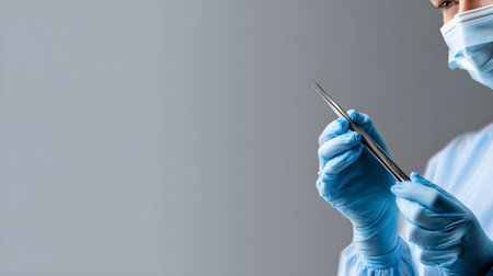 Close-up of dentist hands holding tweezers on gray background.ai generatedの素材