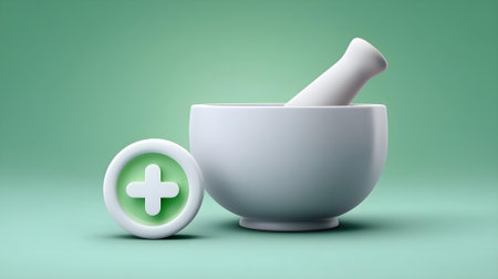 Mortar and pestle on green background. 3d rendering.ai generatedの素材
