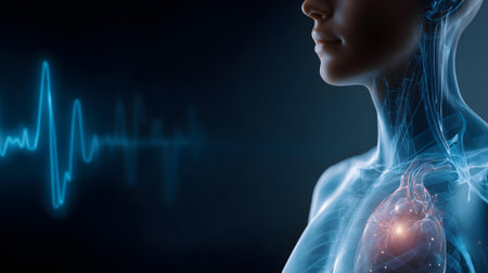 Female heart anatomy image with blue pulse on dark background. 3D rendering.ai generatedの素材