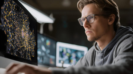 Serious young man in eyeglasses working on computer in dark office.ai generatedの素材