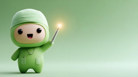 Cute green character holding a thermometer. 3d illustration.ai generatedの素材