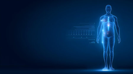 Human body anatomy on blue background. Science and medical concept. 3D Rendering.ai generatedの素材
