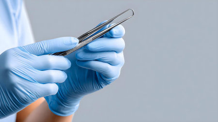 Manicurist holding tweezers, closeup. Medical tools.ai generatedの素材